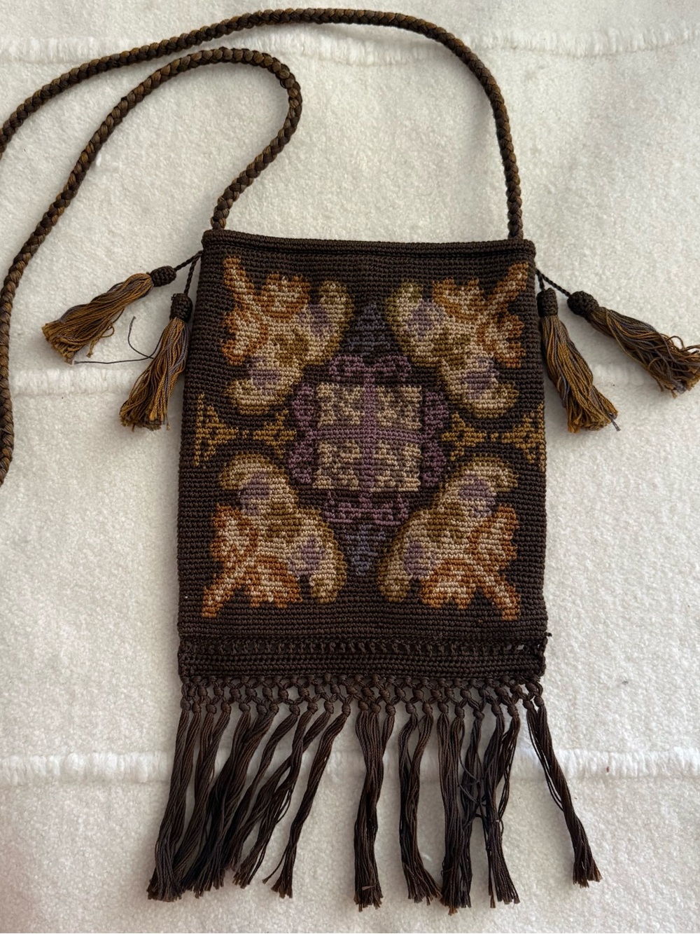 Peruvian Connection | Brown Crocheted Crossbody with Tassels and Floral Motif